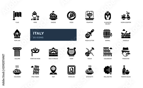 Italy Culture Icon Set Glyph Solid Style for Travel and Culture App