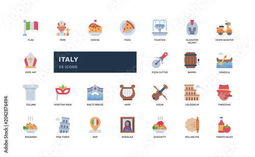 Italy Culture Icon Set Flat Color Style for Travel and Culture App