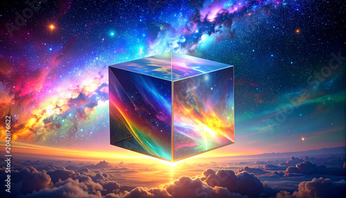 Vibrant cosmic cube floating in starry galaxy with clouds