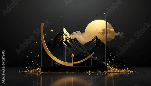 Golden mountain landscape with moon and clouds