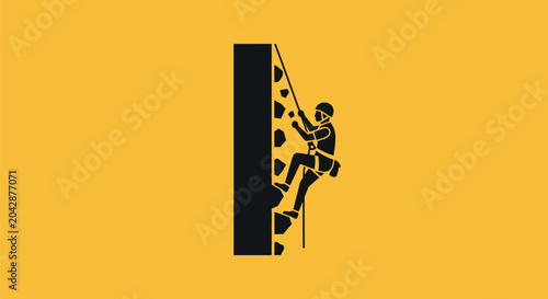Foto Person climbing vertical rock wall.