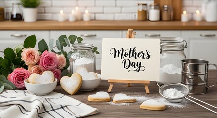 Mother's day baking scene with roses cookies and flour on wooden kitchen countertop