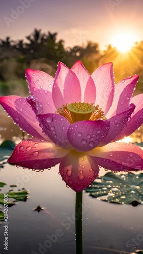 Beautiful pink lotus flower in water.