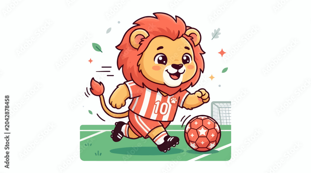 Fototapeta premium Cute Cartoon Lion Playing Soccer on Green Field, Wearing Striped Jersey with Number 10, Kicking Ball Towards Goal, Fun Animal Illustration with Leaves and Stars