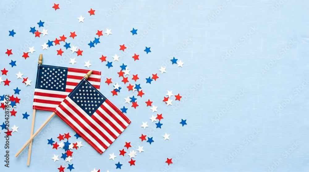 Obraz premium Labor day celebration with american flags and patriotic confetti on a light blue background