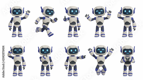 Cute Robot Character Collection with Nine Different Poses and Expressions, Flat Design Illustration
