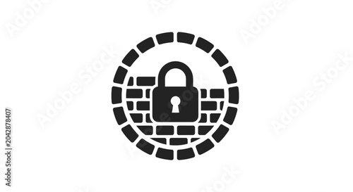 A black icon showing a padlock symbol centered inside a circular brick wall frame