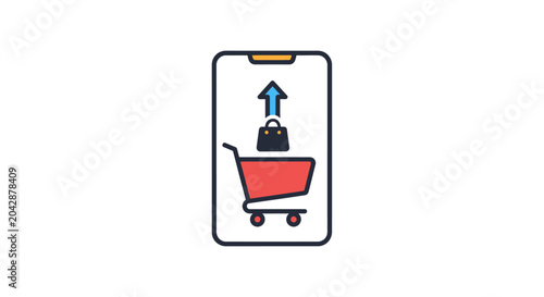 A digital illustration of a mobile device showing an online shopping cart icon