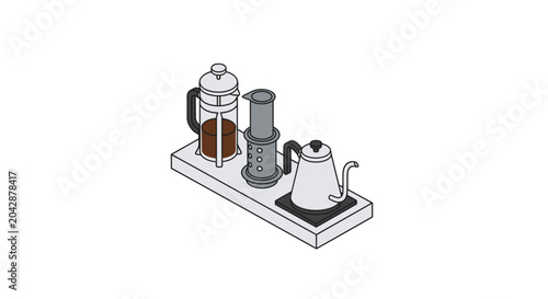 A set of various coffee brewing equipment arranged on a white rectangular tray