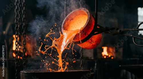 Foto Epic foundry scene of molten metal being poured from ladle with sparks