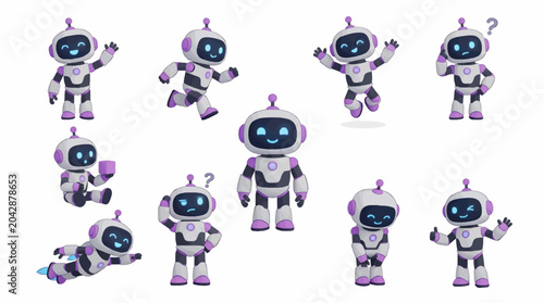 Cute Robot Character Collection with Nine Different Poses, Waving, Running, Jumping, Thinking, Flying, and Giving Thumbs Up, Flat Design Vector Illustration