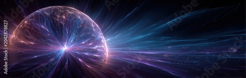 Abstract cosmic energy sphere with glowing purple blue light rays, futuristic plasma explosion effect, sci-fi quantum power radiation background