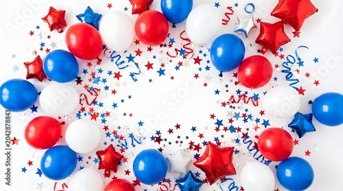 Labor day celebration with red white and blue balloons and confetti on a white background