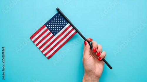 American flag held by a hand with red nails on a light blue background labor day celebration