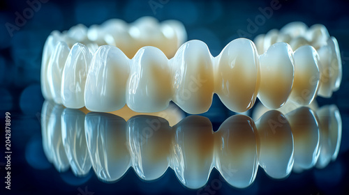 Dental bridge with white ceramic teeth crown model reflecting on dark blue surface, dentistry