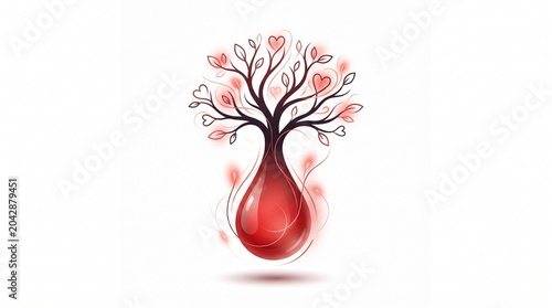 A vibrant symbolic tree with heart-shaped leaves transforming into a nurturing blood drop, representing life, health, and the profound act of giving for World Blood Donor Day