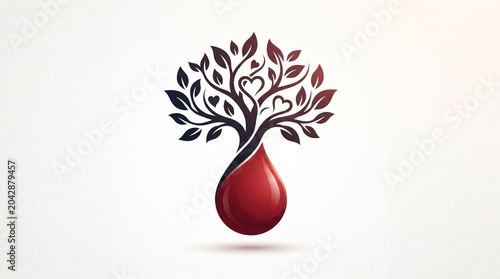 Vibrant tree of life with heart-shaped leaves transforming into a red blood drop, a powerful illustration representing vital human connection and the importance of world blood donor day