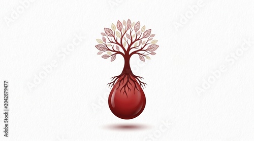 A striking illustration for world blood donor day, depicting a tree of life rooted in a blood drop, symbolizing health, growth, and the vital impact of selfless donation