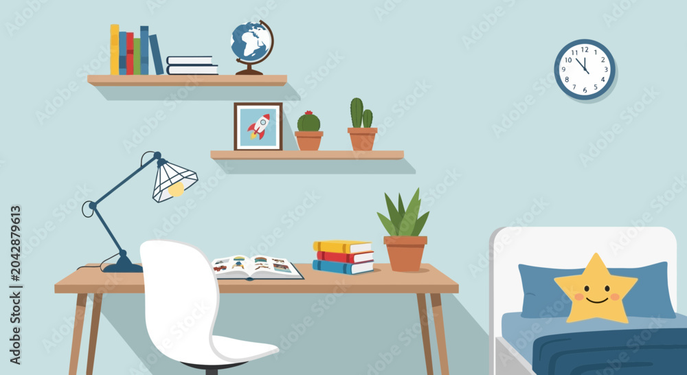 Fototapeta premium Cozy Study Room with Bookshelf and Desk Setup