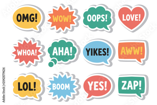 Comic expression speech bubble sticker set – OMG, wow, oops, love, whoa, lol, boom, yes, zap, and fun reaction text labels in colorful flat design
