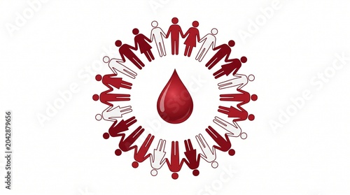 Inspiring graphic of a diverse community encircling a prominent blood drop, symbolizing unity and life-saving generosity, ideal for celebrating world blood donor day and promoting public health