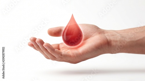 A compassionate hand supports a glistening red blood drop, embodying life-saving generosity and the vital importance of giving during World Blood Donor Day