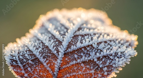 Leaf with ice crystals in winter