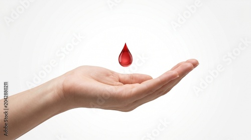 A symbolic single drop of crimson blood hovers above an outstretched human palm, representing the profound gift of life and the critical importance of donating for World Blood Donor Day awareness and 