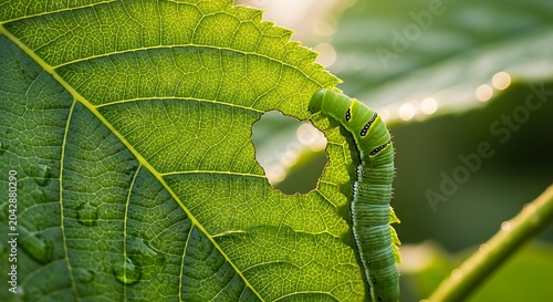 Green caterpillar eating a leaf with a bokeh background