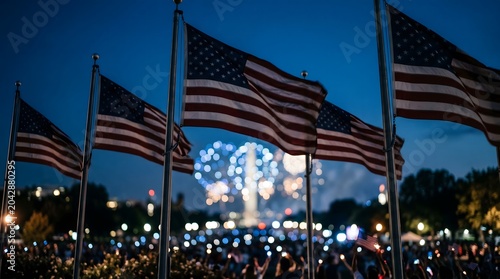American flags waving at dusk with fireworks display celebrating labor day and national pride