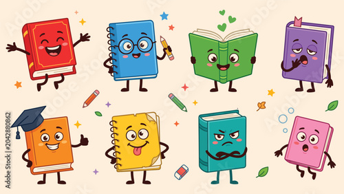 Anthropomorphic Books With Faces Colorful Vector Illustration