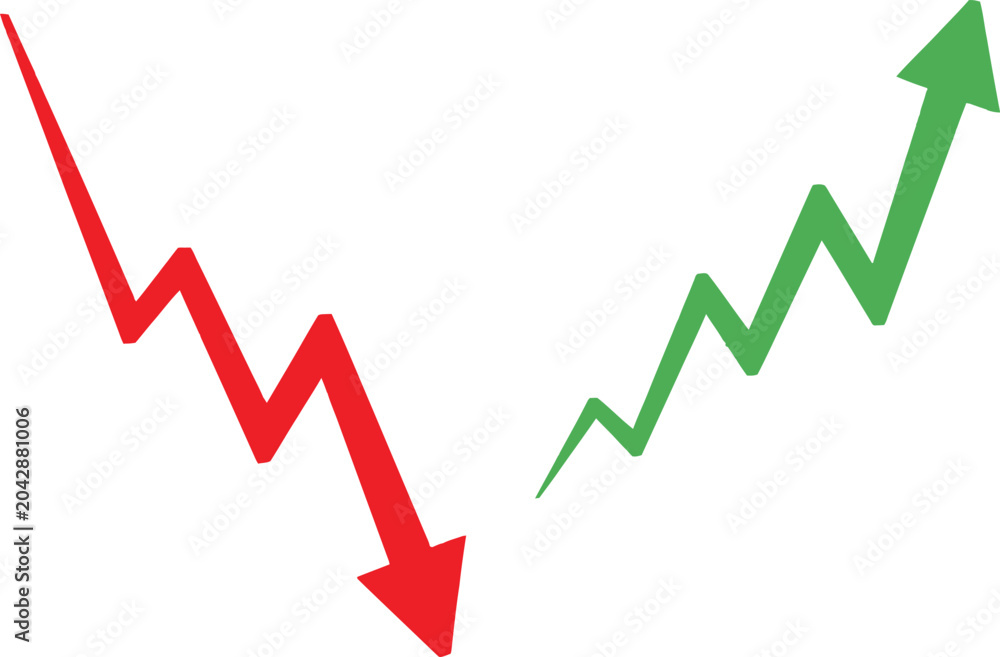 Obraz premium Red down arrow and green up arrow showing market growth and decline