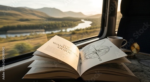 Book and coffee by train window with a view