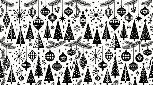 Photography Monochrome Woodland Pattern of Trees and Stylized Ornaments for Textile and Wallpaper Design