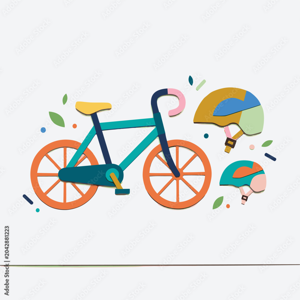 Fototapeta premium Colorful bicycle and helmets with leaves and dots