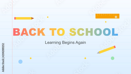 Back-to-school banner with colorful stationery icons and text on a light blue page