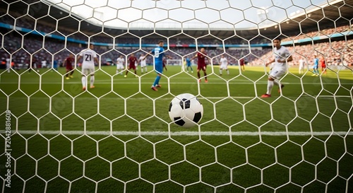 Soccer ball in goal net at stadium
