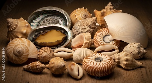 Sea shells collection on wooden surface