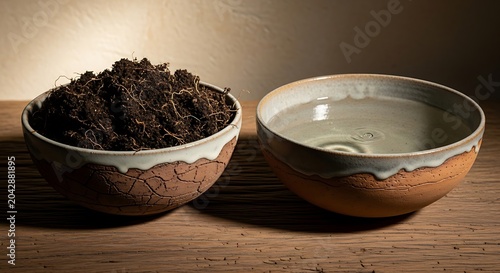 Two bowls one with soil and one with water