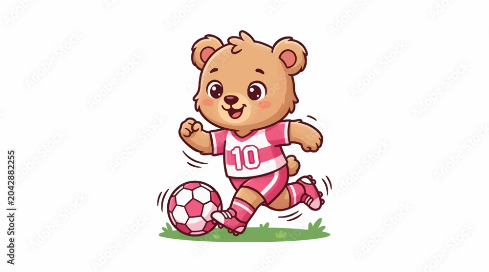 Fototapeta premium Cute Cartoon Bear Playing Soccer, Wearing Pink Jersey with Number 10, Running with Ball on Green Grass, Flat Vector Illustration, White Background