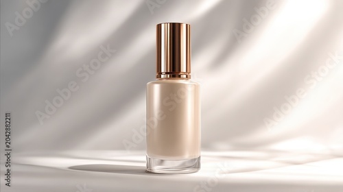 Cosmetic Foundation Bottle with Gold Cap on White Background with Soft Shadows