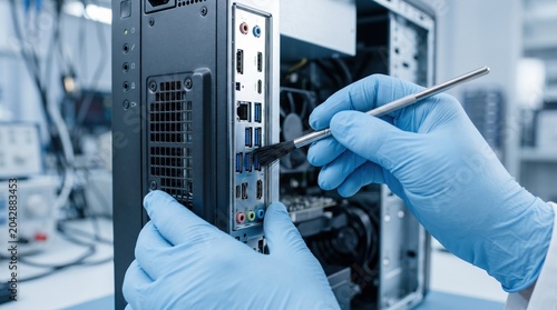 Technician cleaning computer ports to prevent hardware failure and potential security vulnerabilities