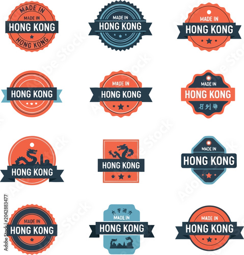 Photography Set of Vintage Hong Kong Badge Logos and Retro Labels in Various Shapes
