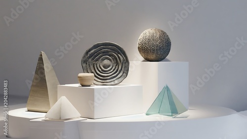 Modern art exhibition with geometric sculptures