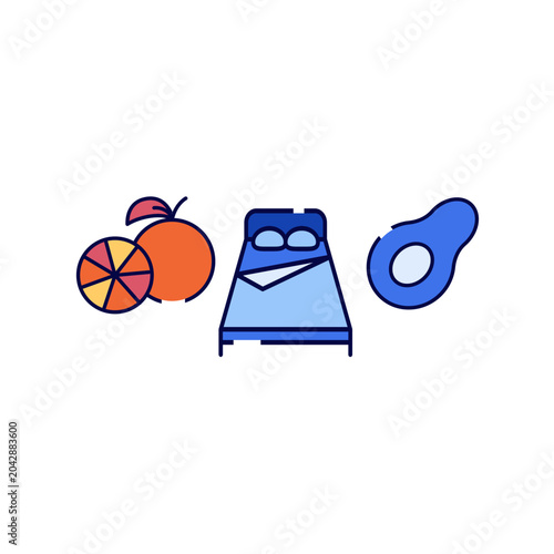 Hotel room bed with healthy fruits icon vector template.