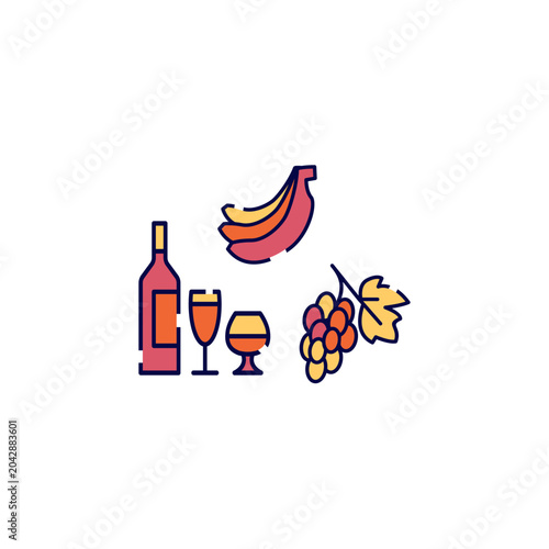 Wine bottle glass and fruits icon vector template.