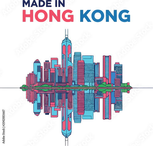 Photography Made in Hong Kong colorful skyline illustration with mirrored reflection and mod