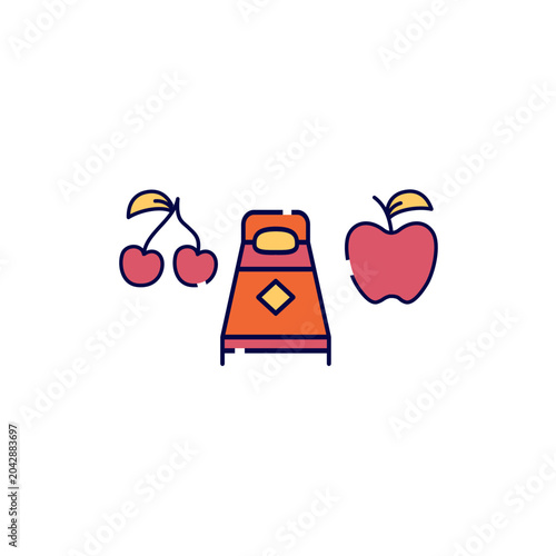Hotel bed with fresh fruits icon vector template