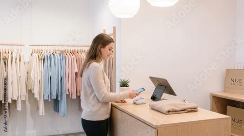 Woman making contactless payment with smartphone at clothing store counter. She stands near rack of pastel sweater while paying for folded garment. Modern retail experience