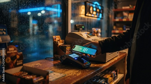 Man using smartphone for contactless payment at shop counter. Secure transaction confirmation on screen. Nighttime convenience store with rain on window
